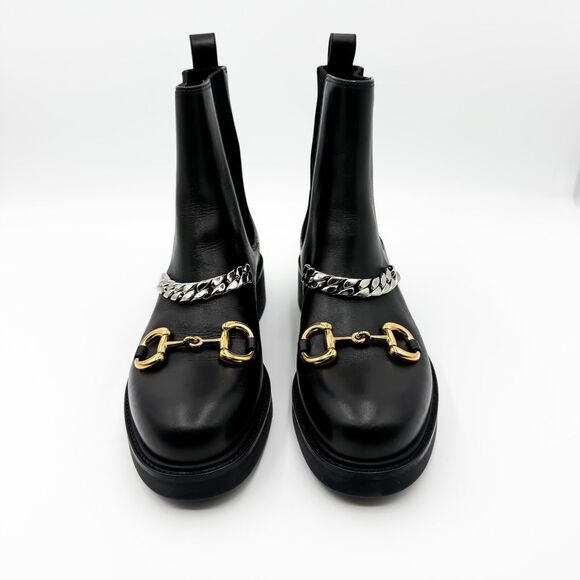 Gucci Deva Horsebit Chain Ankle Boots Combat Black Leather EU 41 US 11 - Picture 3 of 10